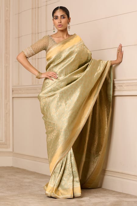 Tarun Tahiliani Green Brocade Embroidered Hand Handwoven Saree With Unstitched Blouse Fabric 