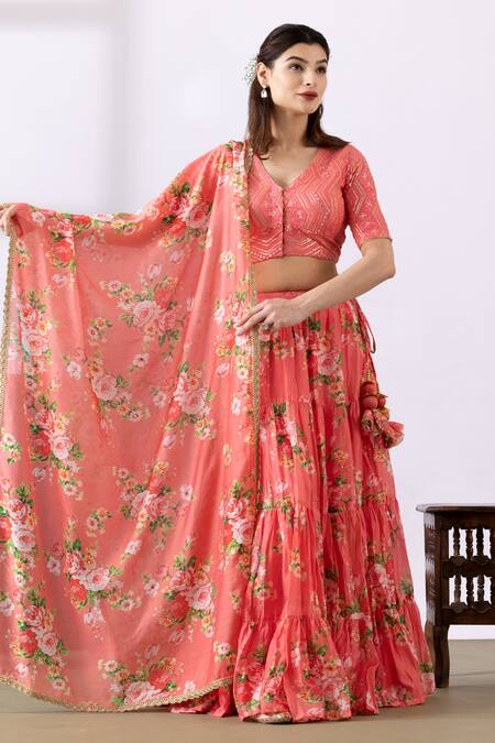 Abbaran_Pink Chanderi Embroidery, Lace, Tassels V-neck Floral Print Lehenga Set_at_Aza_Fashions