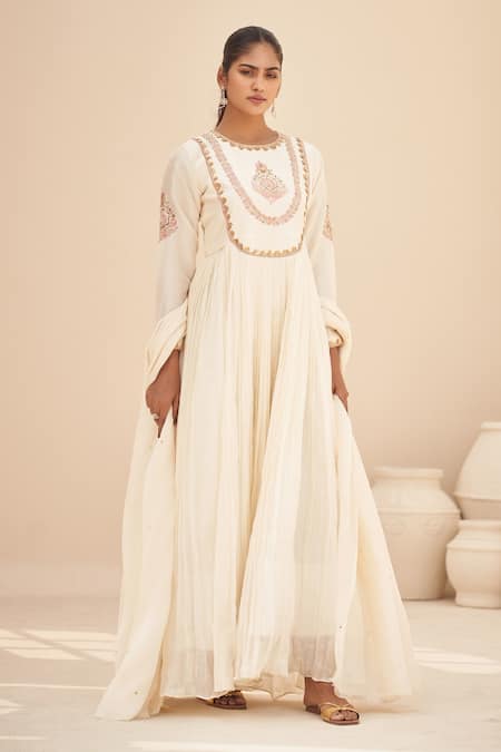 Hirika & Dhruti Ivory Chanderi, Organza, Crepe Embroidery, Sequins Round Neck Hand Anarkali Set