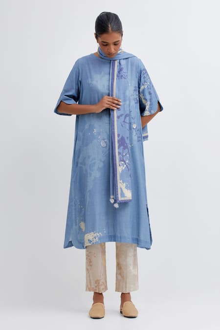 Bhavik Shah Blue Handwoven Hand Spun Indian Fabric Foliage Straight Pattern Kurta Pant Set 