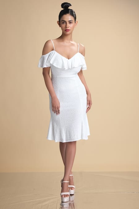 Kommal Sood White Lycra Stretch Net Embroidered Sequins V Ruffle Overlay Dress  