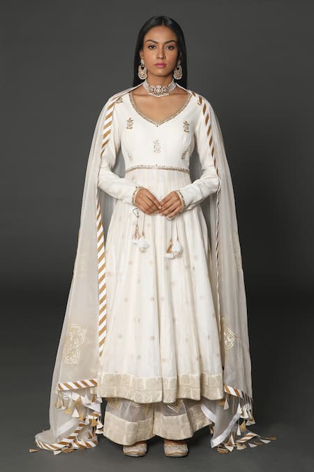 Rar Studio Ivory Chanderi Handloom (50%silk X 50%cotton) Hand Anarkali Set  