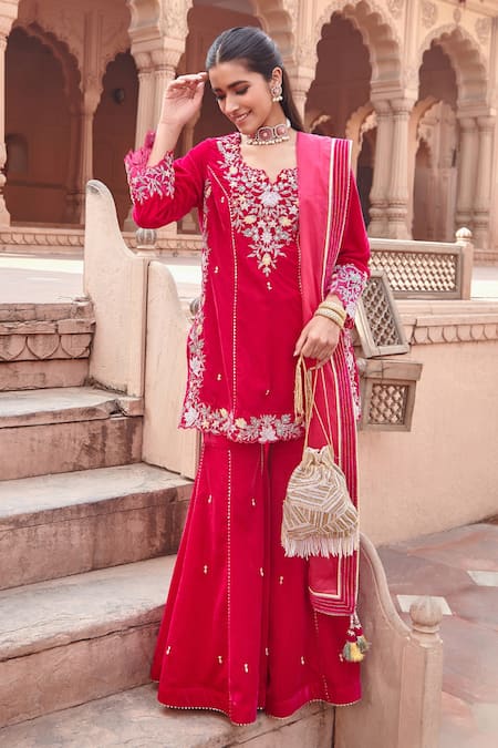 Ajiesh Oberoi Pink Cotton Silk Embroidered Dori Notched Kurta Gharara Set 