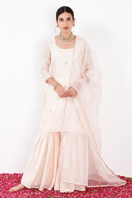 Label Flamingo By Vrinda Ivory Cotton, Silk, Organza Pearls, Mirrorwork Embellished Kurta Sharara Set 