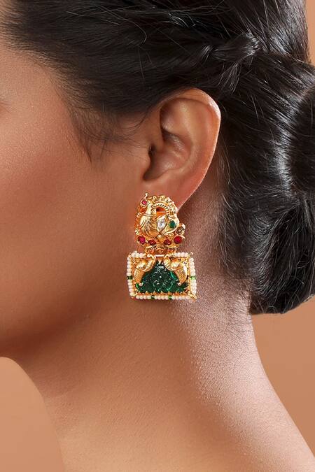 Buy Tizora Green Stone Antique Engraved Earrings at Aza Fashions Buy_Tizora_Green Stone Antique Engraved Earrings_at_Aza_Fashions