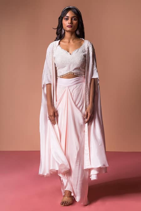 Soha by Harleen and Sona Pink Cape And Bustier Silk Floral Embellished Dhoti Skirt Set  