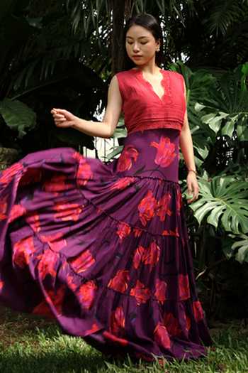 Buy Baju Purple Chanderi Cotton Silk Floral Printed Maxi Skirt at Aza Fashions Buy_Baju_Purple Chanderi Cotton Silk Floral Printed Maxi Skirt_at_Aza_Fashions