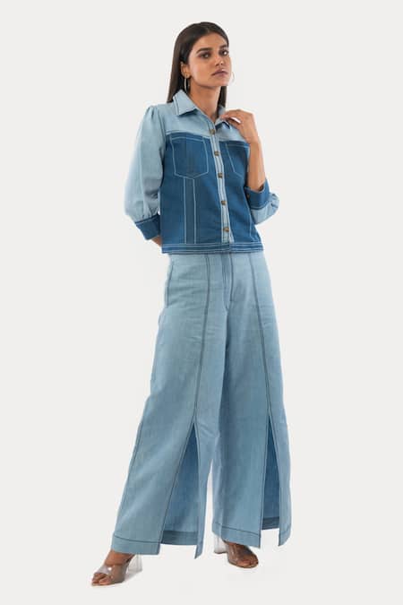 Veera Wear Blue Denim Collared Color Block Shirt And Pant Set