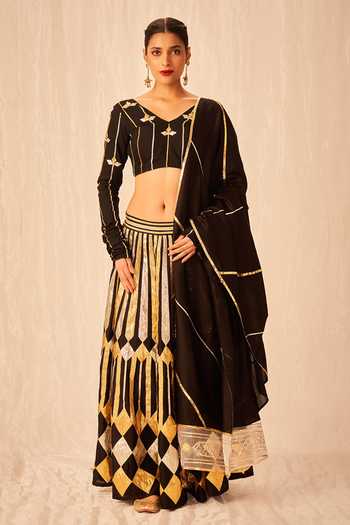 Shop Gulabo By Abu Sandeep Black Cotton Silk Gota V Neck Work Gathered Sleeve Blouse Online at Aza Fashions Shop_Gulabo By Abu Sandeep_Black Cotton Silk Gota V Neck Work Gathered Sleeve Blouse _Online_at_Aza_Fashions