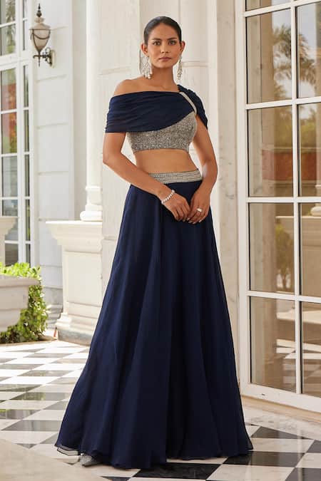 Charu and Vasundhara Blue Blouse Silk Embroidery Bead Selie One Shoulder Draped And Skirt Set