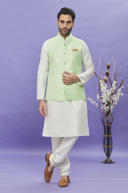 Aryavir Malhotra Floral Pattern Straight Hem Bundi & Kurta Set 