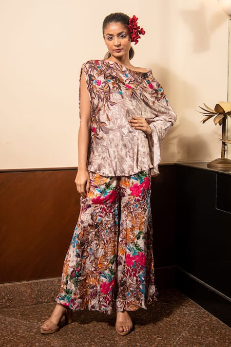 Soniya G Ivory Satin Printed Floral One Shoulder Top And Pant Set 