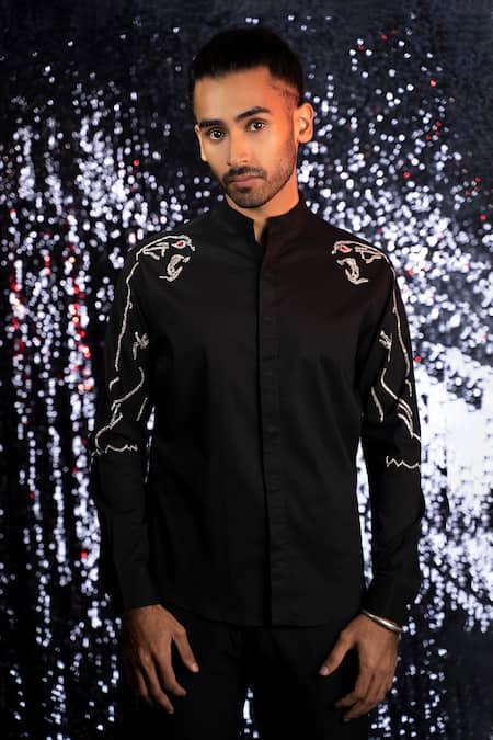 Shop Sanjana Reddy Designs Black Cotton Embroidery Panther Placement Shirt at Aza Fashions Shop_Sanjana Reddy Designs_Black Cotton Embroidery Panther Placement Shirt _at_Aza_Fashions
