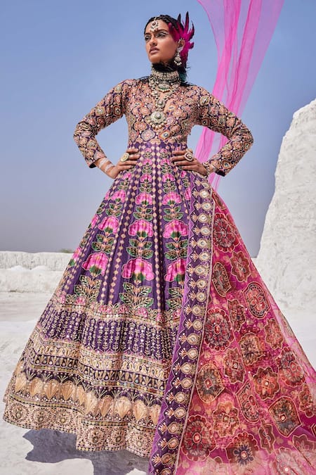 The Royaleum Purple Silk, Organza Cut Work, Embroidery V-neck Cutdana Anarkali With Dupatta 