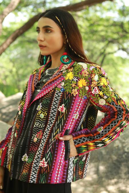 Buy Multi Color Lining Hand Embroidered Ribbon Double Breasted Jacket ...