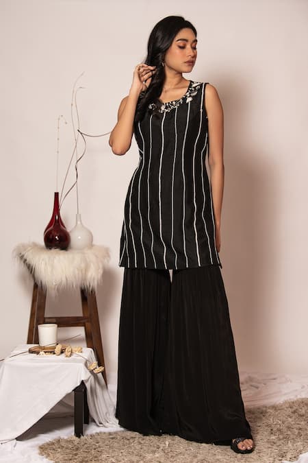 Vanshika Agarwal Label Black Hand Embroidered Top & Sharara Pant Set 