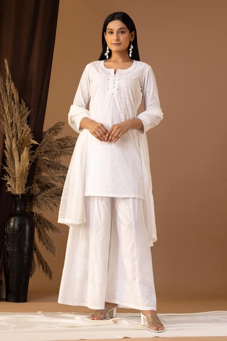 Abbaran White Cotton, Chiffon Lace, Tassels Keyhole Neck Bloom Pattern Kurta Gharara Set