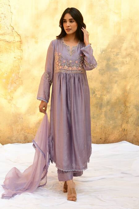 Buy_Label Niti Bothra_Purple Handloom Cotton, Silk Pearls, Beads, Floral Kurta And Palazzo Set _Online_at_Aza_Fashions