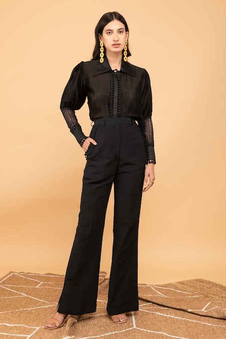 Kalakaari By Sagarika Black Cotton Embroidery Paisley Lace Collared Neck Shirt And Pant Set 