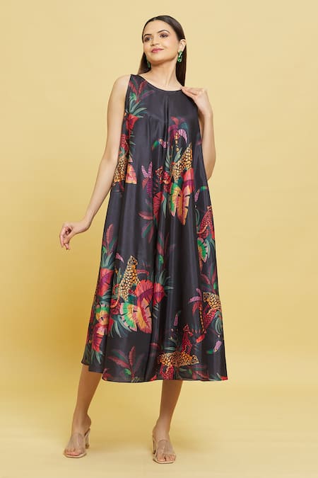 Sanjana Reddy Designs_Multi Color Dola Silk Printed Forest Patterns Round Dress_at_Aza_Fashions