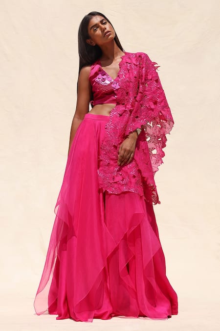 Richa Khemka Pink Organza, Bamboo, Taffeta Fringe And Tonal Embellished Blouse & Lehenga Set 
