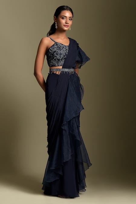 Two Sisters By Gyans Pre-Draped Ruffle Saree With Sequin Embellished Blouse 