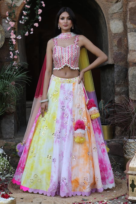 Nitisha Kashyap Official Multi Color Net, Silk Tassels, Mirrors, Embroidery Tie And Dye Lehenga Set 