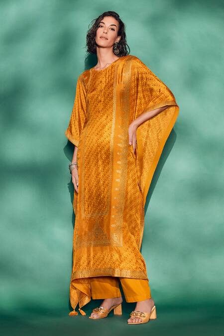 Label Varsha Yellow Viscose Tassels Round Neck Bandhani Pattern Kaftan And Pant Set