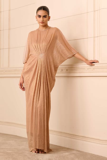 Tarun Tahiliani Gold Gown  Crinkle Tulle And Lace Fabric & Slip  Metallic Neckline 