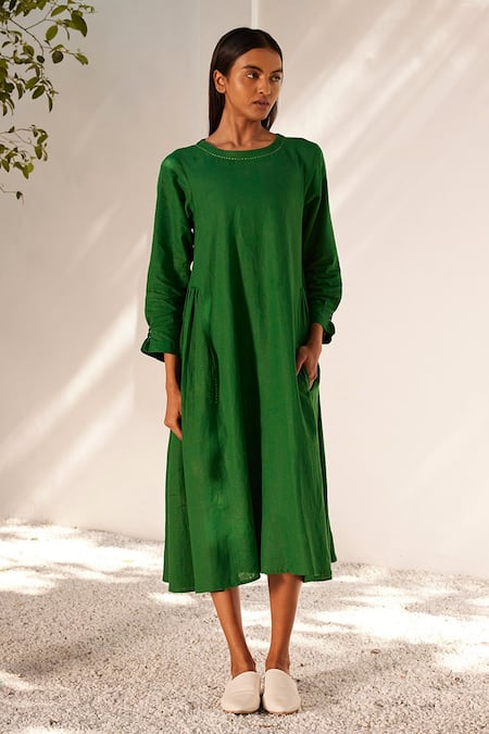 Emerald Green Linen Dress Woman
