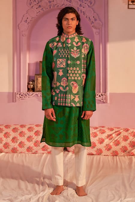 Siddhartha Bansal_Green Chanderi Printed Floral Paisley And Kurta Set  _Online_at_Aza_Fashions
