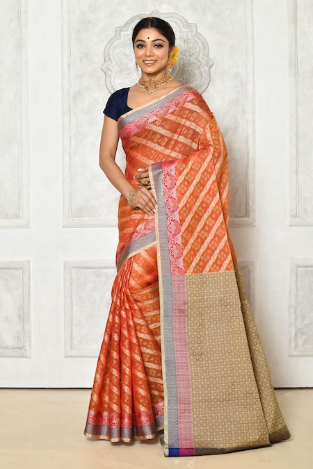 Nazaakat by Samara Singh Orange Banarasi Cotton Silk Woven Floral Stripe Pattern Saree