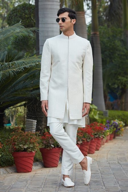 Bohame Off White Achkan Georgette Embroidery Raksa Jacket Set