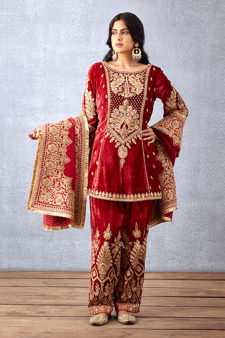 Torani Red Silk Velvet Embroidery Sindoori Priyala Makhmal Phiran Kurta Set  