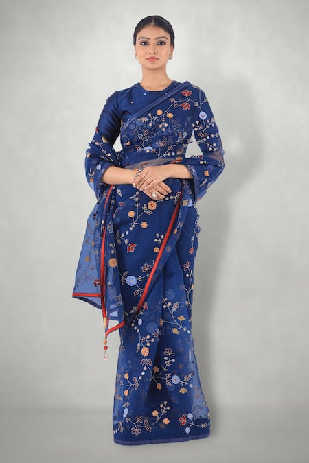 I am Design Blue Silk Organza Embroidered Aari Crew Neck Saree With Blouse 