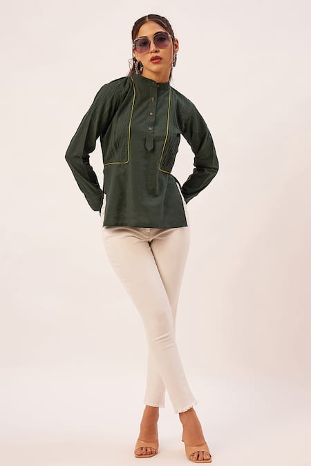 Zariya the Label Green Cotton Pintuck Mandarin Collar Side Slit Top 