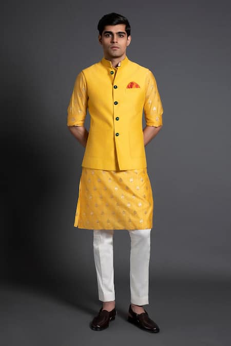 Raghavendra Rathore Jodhpur Yellow Silk Embroidery Kantha Waistcoat