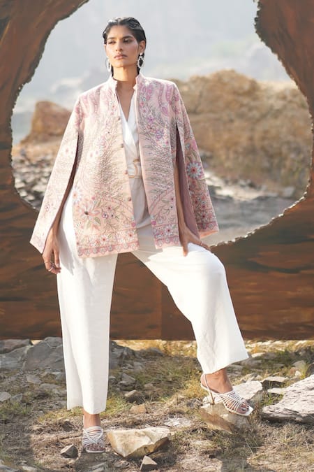 Neiza by Neeti Seth Pink Cashmere Wool Printed And Hand Embroidered Floral & Cape  