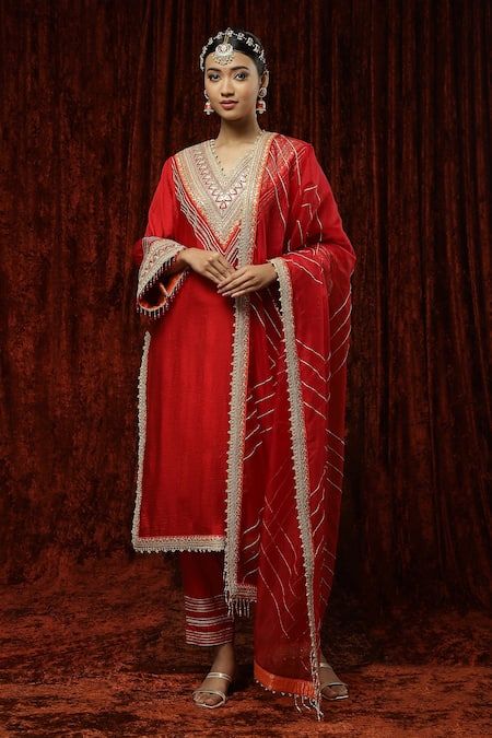Shikhar Sharma Red Silk Chanderi Embroidered Pearl V Neck Kurta Pant Set
