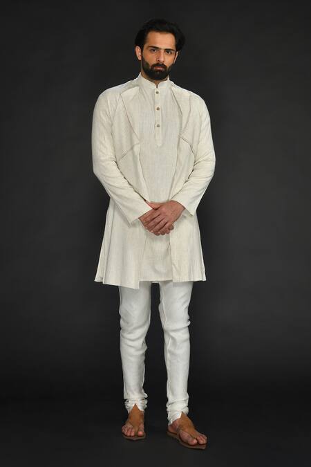 SAMMOHAN CEREMONIAL Beige Vis Silk And Spun Lining 100% Front Flap Kurta Set