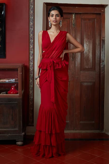 Arpita Mehta Red Georgette V Neck Solid Ruffle Saree With Blouse 