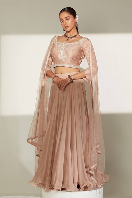 Buy Amitabh Malhotra Peach Georgette, Chanderi And Net Floral, Luneville Gathered Lehenga Bustier Set at Aza Fashions Buy_Amitabh Malhotra_Peach Georgette, Chanderi And Net Floral, Luneville Gathered Lehenga Bustier Set_at_Aza_Fashions