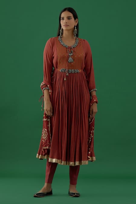 5elements Brown 100% Cotton With Silk Brocade Yoke Ghungroo Neckline Anarkali Set 