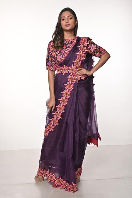 Soumodeep Dutta Purple Silk Organza Embroidered Gujrati Sindhi Hand Border Saree With Blouse 