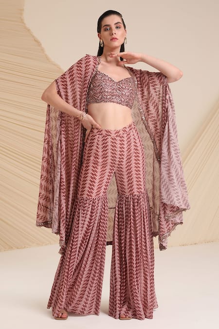 Divya Aggarwal Purple Georgette Printed Bustier Sweetheart Neck Aubree Cape With Sharara Set 