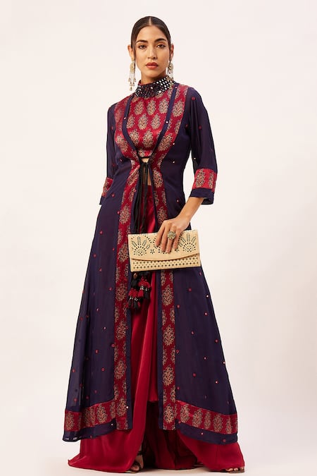 Zariya the Label Blue Blouse  Mashru Silk Embroidered Mirrorwork Printed Skirt Set 