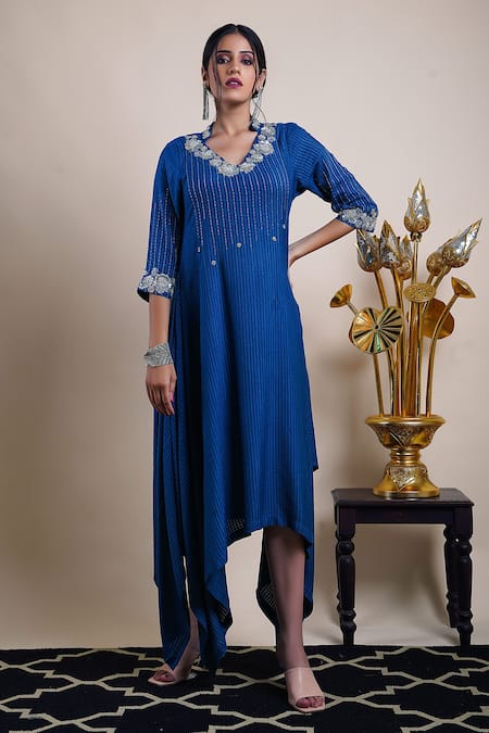Bhusattva Blue Organic Silk Jacquard Asymmetric Hand Embroidered Dress  