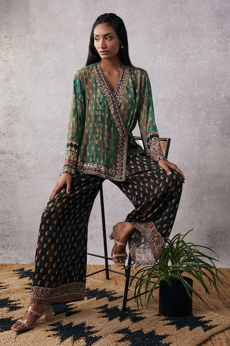 Soup by Sougat Paul Multi Color Crepe Printed Paisley V Ikaya Embroidered Angrakha And Palazzo Set 