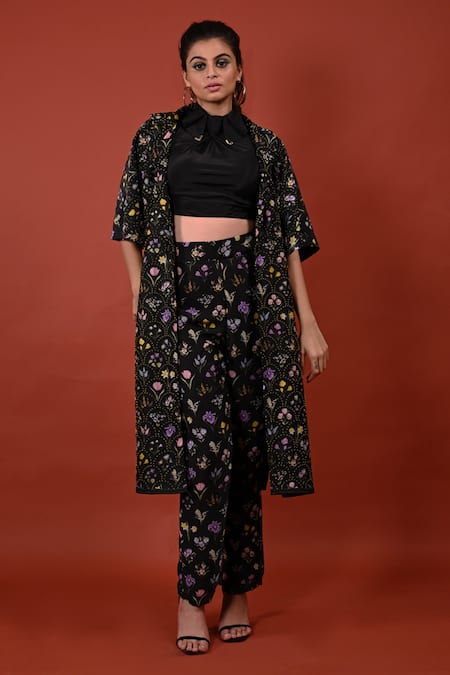 Rimi Nayak Black Modal, Satin, Cotton, Silk Assorted Floral Print Anti-fit Long Jacket 