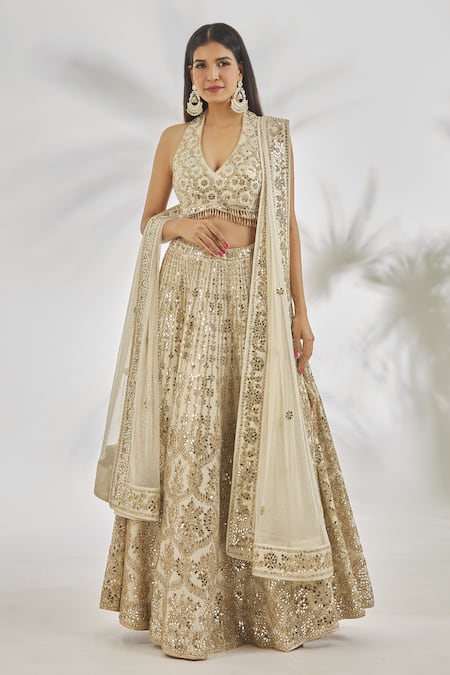 Vandana Sethi Ivory Silk Crystals, Mirrors Halter Neck Embellished Floral Lehenga Set 